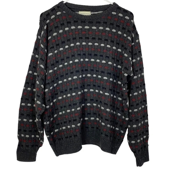 Vintage 90s Grandpa Sweater Oversized Pullover Mens Size Medium Gray Cream Red - Picture 1 of 8